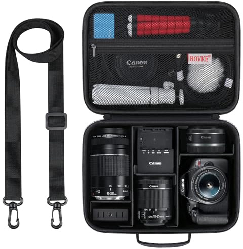 BOVKE Trasporto Custodia per Canon EOS R50/R100/4000D/2000D/250D/R10/R7/Rebel T7, Custodia per Sony Alpha 7 III/A7R IV, NiKon D3500/D7500, Spazio per Obiettivo, Trapalla con 5 Divisori, Nero