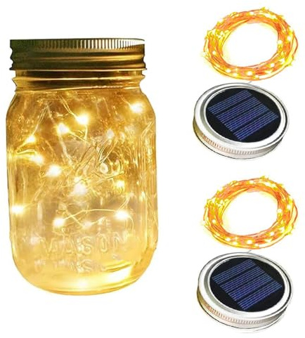 KOBOKO 2 Stück Solar Mason Jar Light Deckel, 3M 30 LED Solarglas Solarleuchten, IP65 Wasserdicht Solarlampen für Außen, Mason Jar Laterne Deckel für Weihnachten Hochzeit Garten Terrasse Tisch Baum