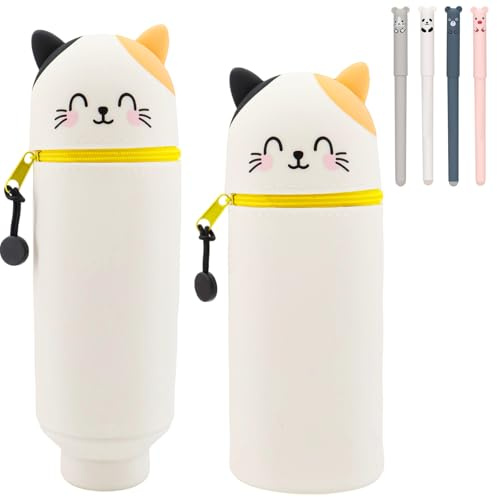 Yeria 2-in-1 Kawaii-Stiftemäppchen aus Silikon – erweiterbare Hülle mit niedlichen Tieren, für Stifte, Schreibwaren, Büro oder Schule – mit 4 löschbaren Gelstiften gratis, Schwarz , Kätzchen