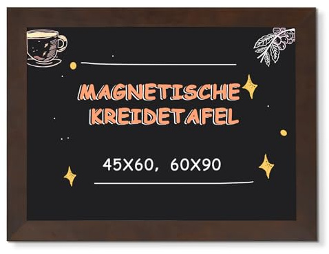 DOLLAR BOSS Magnetische Kreidetafel 90x60cm, Magnettafel Schwarz Blackboard | Rahmen aus massivem Kiefernholz, Wandtafel Kreidetafel zum aufhängen Magnetwand für Küche Bar Café und Büro, Braun