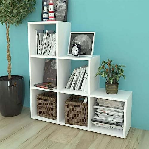 Holamys Trapphylla bokhylla 107 cm vit, melaminbelagd trämaterial, 6 fack, mångsidig kub förvaring arrangör för vardagsrum, kontor, sovrum