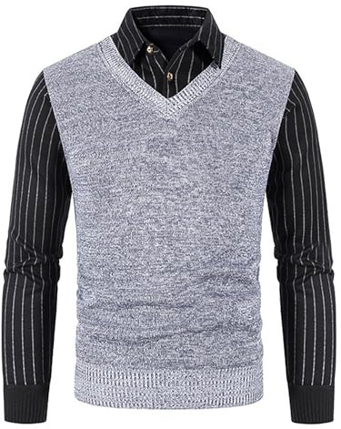 Mock tröja för män – 2-i-1 pullover med skjortkrage, vinter varm v-ringad stickad kofta, långärmad mock-skjortor stickad jumper för män, Mörkgrått, L