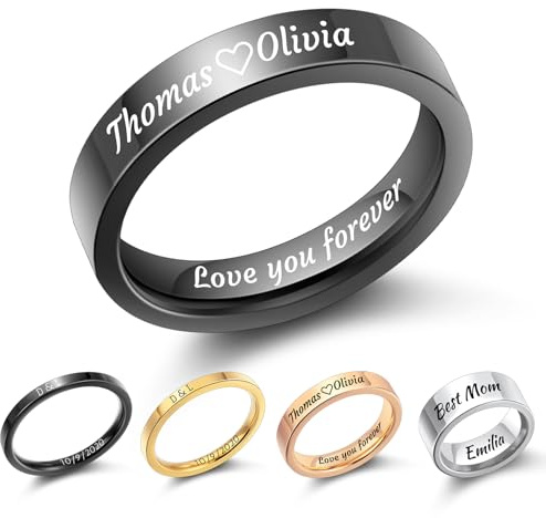 MMXX Bagues 2MM/4MM/8MM Personnalisées en Acier Inoxydable Gravure Personnalisée Nom Date Alliances Simples Bague de Fiançailles Polie Miroir pour Femmes Hommes -4mm Noir