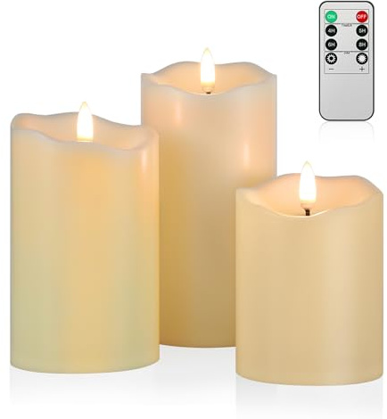NOXINDA LED Kerzen mit Timerfunktion und Fernbedienung 3er Set Elfenbein | LED Kerzen mit Fernbedienung, flackernde 3D Flamme, wetterfester Kunststoff, dimmbar, für drinnen und draußen