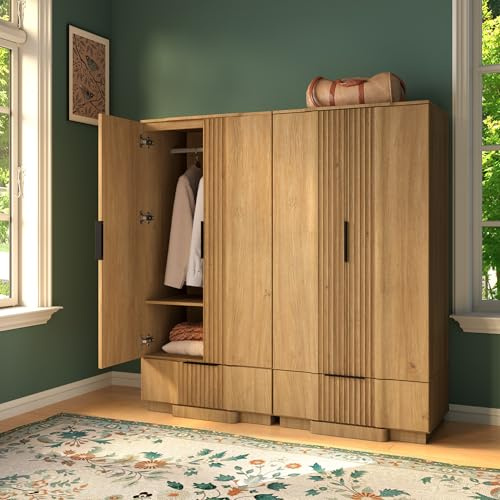 Yechen 67 Fluted Armoire Wardrobe Closet Set of 2 with Doors and Drawer, Wooden Wardrobe Closet Cabinet with Adjustable Shelve, Modern Small Armoires Storage Clothes, Coats for Bedroom, Natural, 2pcs