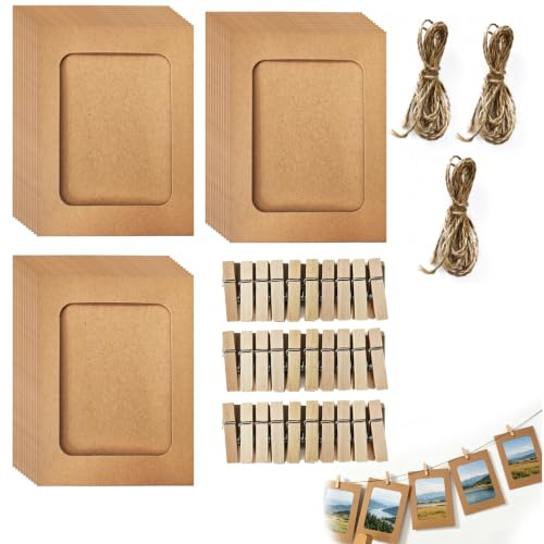 Marco de fotos de papel de 10 x 15 cm, con 30 pinzas de madera y cuerda, para crear collage decorativo y artístico en pared, adecuado para fotos, obras de arte y recuerdos, diseño único y flexible