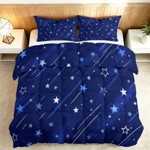 Täcke 4 säsonger 135 x 200 himmel nattblå stjärnor, tvättbart täcke utan överdrag, för 1 person - andningsbar filt vändbar stjärnhimmel quiltning för barn, tonåringar, pojkar