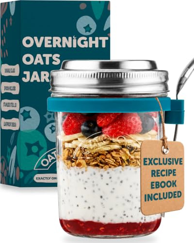OATOLOGY Glass Overnight Oats Jar Container | Unique Leakproof Stainless Steel Lids, Spoon, Thick Glass | Breakfast Pots Mason Jars for Chia Pudding Granola Yoghurt Porridge Cereal On-the-Go | 1 pack