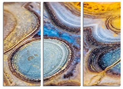 Paul Sinus Art 130x90cm – Keilrahmenbild Achat Quarz Makroaufnahme blau-gelb 3teiliges Wandbild auf Leinwand und Keilrahmen - Fotobild Kunstdruck Artprint
