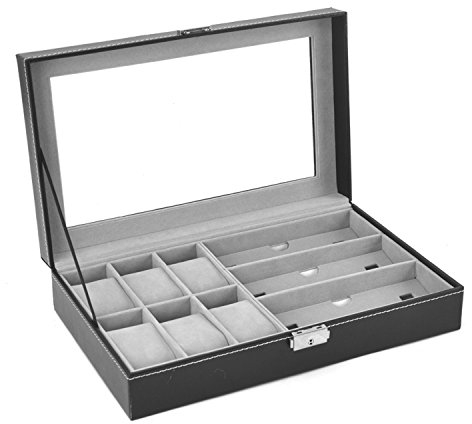 AUTOARK Custodia in pelle per 6 orologi e gioielli e 3 pezzi per occhiali da vista e occhiali da sole espositore organizer, nero, AW-004