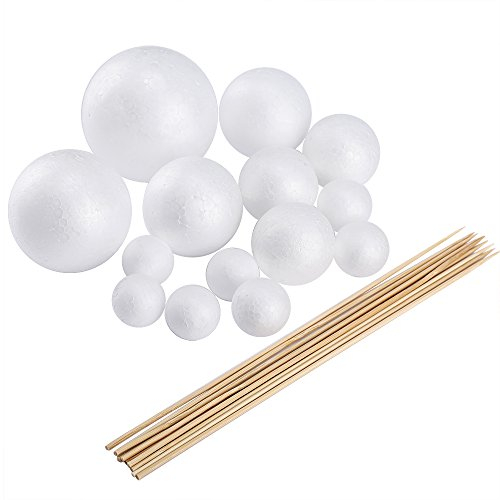 Pllieay Faites Votre Propre modèle de système Solaire avec 14 Boules en polystyrène mélangées et 10 bâtons de Bambou de 24 cm de Long pour Les projets Scolaires
