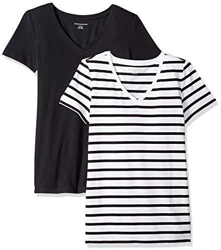 Amazon Essentials Damen Kurzärmliges Regular-Fit-T-Shirt (Varianten mit Rundhalsausschnitt und V-Ausschnitt), Pack of 2, Schwarz/Weiß Streifen, S