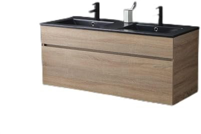 Kiamami Valentina - Meuble de Salle de Bain Mobile 120 cm en chêne Naturel avec Double lavabo Noir Mat | Soleil