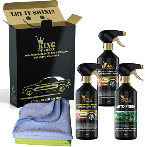 King of Sheen Advanced Ultra Nano Waterless Wash and Wax Car Clean and Refresh Kit. 2 x 500ml Nano, 500ml Auto Fresh and 2 x Microfiber Cloths