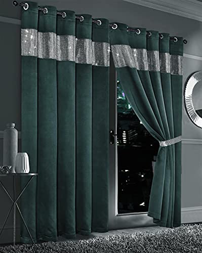 Olivia Rocco Diamante Blackout Eyelet Curtains With Tie Backs Black Out Thermal Ring Top Curtain Pair Window Dressing, 90 (Width) x 90 (Drop) Emerald Green