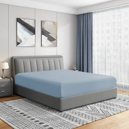 Cathay Home Luxury Wrinkle and Fade Resistant Double Brushed Ultra Soft Microfiber 14-Inch Standard Pocket Single Fitted Sheet, Blue Fog, Full