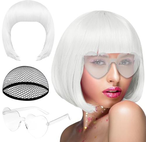 PLULON Blanc Bob Perruque et Lunettes de Soleil, Neon Short Bob Perruque Lunettes De Soleil Costume Coloré Perruque Cosplay Postiches pour Bachelorette Neon Party Favors, Décorations d'Halloween