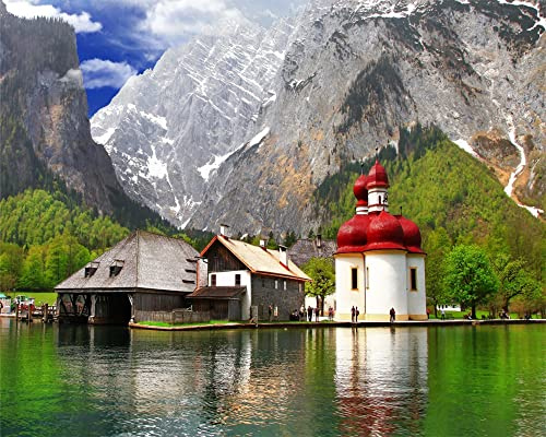 YEESAM ART Malen nach Zahlen für Erwachsene Kinder - Königssee Alps 16x20 Zoll Leinen Segeltuch - DIY ölgemälde ölfarben Weihnachten Geschenke (Landschaft, mit Rahmen)