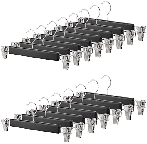 Tosnail Confezione da 15 grucce in legno naturale da 35,5 cm, per gonne, pantaloni, vestiti, con clip, grucce per jeans, colore nero