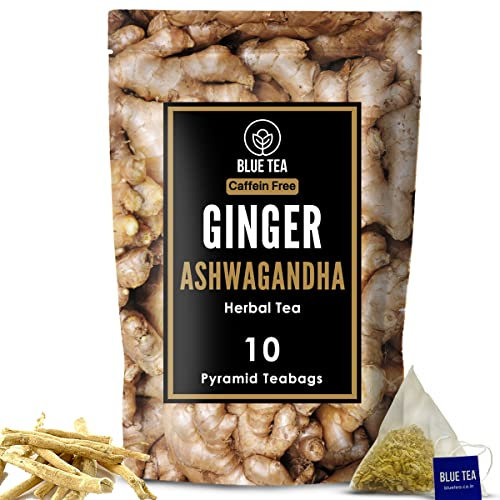 BLUE TEA - Ginger Ashwagandha Tea Bags - 10 Biodegradable Tea Bags | Blend Of Indian Ginger And Himalayan Ashwagandha | Caffeine Free Herbal Tea, Eco-sustainable Packaging