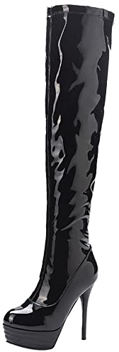 Lroey Reoly Botas Sobre La Rodilla Tacón de Aguja Mujer, Botas de Fiesta Tacón Alto Punta Rojoonda Boots Zip Plataforma 063 Negro Talla 46 EU