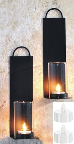Novaliv 2X Wandkerzenhalter + 2X LED Teelichter 7 x 7 x 25,5 cm Schwarz LED Kerze Teelichterhalter aus Metall mit Glas Kerzenhalter Dekoration Wanddeko Vintage Deko Teelicht LED Licht Wandhalter