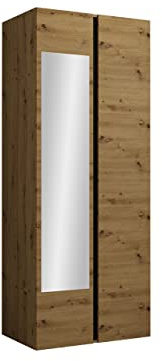 Mirjan24 Kleiderschrank Monati 74 mit Spiegel, 2-türig Schrank mit 4 Fächer, Drehtürenschrank, Garderobenschrank (Eiche Artisan/Schwarz)