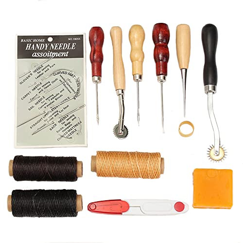 Kit d'outils de couture en cuir - 13 pièces - Kit d'outils de couture à la main avec alêne, fil ciré en cuir et aiguilles à coudre à la main pour travaux manuels et fournitures de couture