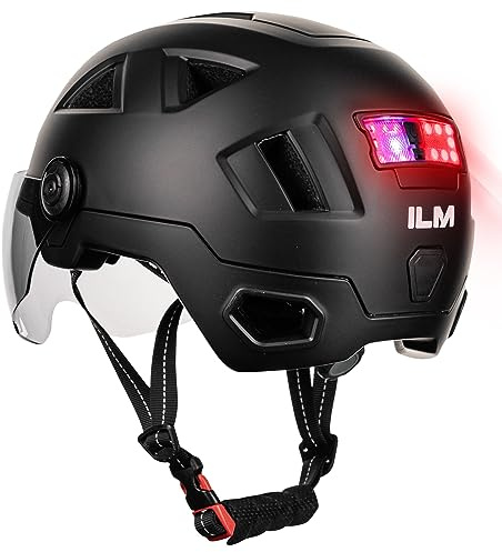 ILM Smart Fahrradhelm Damen Herren mit Visier Warnung Bremse LED Lichtsensor Lichtfunktion Kopfneigen Blinken Auszulösen Modell E3-12LS,Mattes Schwarz,L/XL