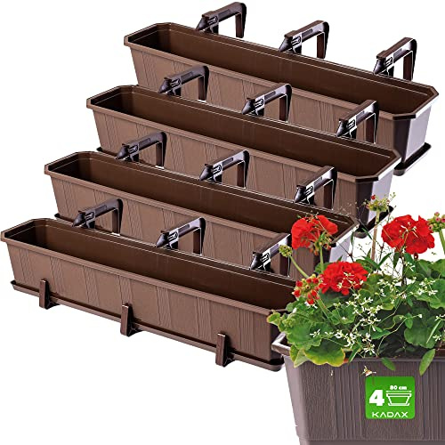 KADAX Rektangulära planteringslådor för utomhusräcken, balkong växtkrukor av plast med underlägg och krukor (brun, set om 4: 80 cm)