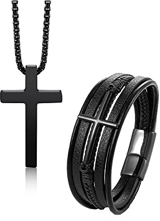 PiercingJak Kreuz Armband & Halskette für Herren, Schwarz | Edelstahl Kreuzkette, Geflochten Lederarmband, mit Kreuz Anhänger, Religiöse Gebet Charms Schmuck, Geschenk für Mann