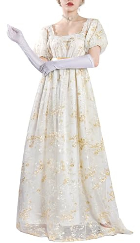 CR ROLECOS Abito Impero da Donna - Abito Regency da Donna Abito Vittoriano da Donna con Maniche a Sbuffo per Matrimonio e Ballo, gold, XL