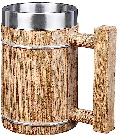 Chopes à bière en Faux Bois | Chope à bière Imitation Bois Chope avec poignée | Tasse en Acier 600 ML pour Cacao, bière, café, Lait, Cocktail, Whi et Plus