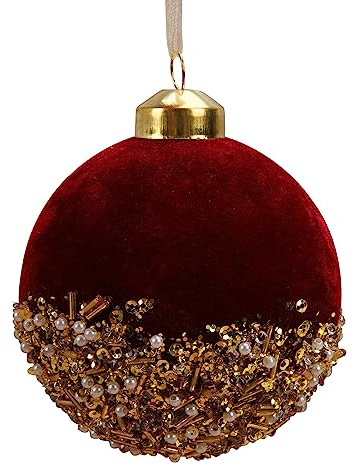 Palline da Appendere All'albero di Natale in Velluto Rosso da 3 Pollici, Decorazioni Natalizie con Paillettes Dorate e Perle, Infrangibili in Schiuma con Glitter (Rosso)