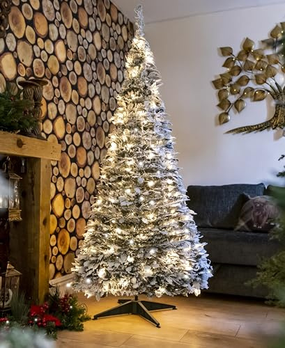 5Ft/150cm Prelit Pre Decorated Pop up Christmas Tree Xmas Home Indoor LED Warm White Lights Silver Baubles Decorations Battery Operated, Holly Flocked