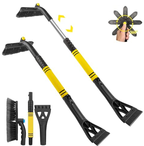 Abiemuce Raschiaghiaccio per Auto con Scopa, 3 in 1 Raschiaghiaccio per Auto, Spazzola da Neve Girevole a 360°, Raschiaghiaccio Rimovibile, Raschietto da Neve e Spazzola Estensibile - Giallo