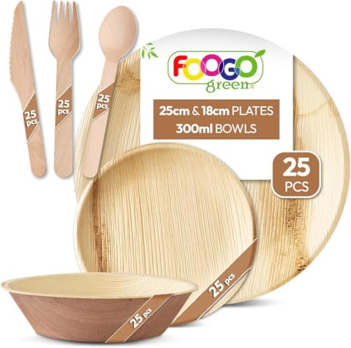 FOOGO Green 150pcs Palm Leaf Plates, Bowls and Cutlery Set, Round | FSC® Certified, 25x Large Round, 25x Small Side Plates, 25x Bowls, 25x Forks, 25x Knives, 25x Spoons, Eco Friendly