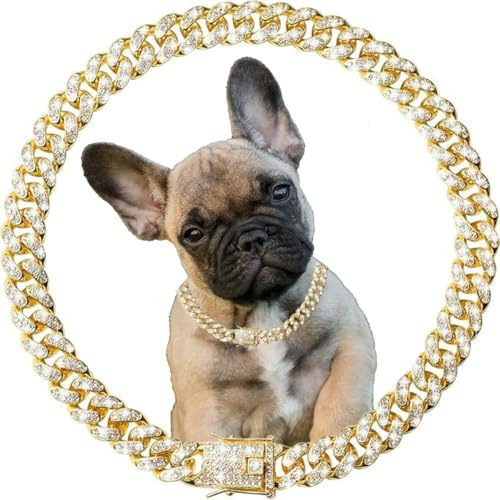 Goldkette Hundehalsband für große Hunde, glitzernder Strass, glitzernder Diamant, Schmuck, Metall, kubanische Glieder-Halskette für kleine, mittelgroße und große Hunde, 50,8 cm