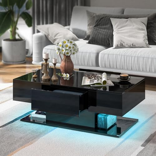 LIFEZEAL Mesa de Centro con LED, Mesa de salón Alto Brillo con Tira de luz y Mando a Distancia, Mesa de café Moderna con 2 cajones, Mesa Centro Iluminado para salón, Oficina (Negro)