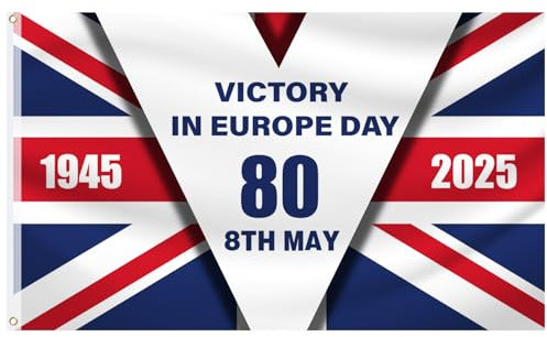 Victory in Europe 80th Anniversary Flag 2025, 1945-2025 Memorial Celebration Flag Bunting, Victory in Europe 80th Anniversary Party Decorations (3Ft x 5Ft)