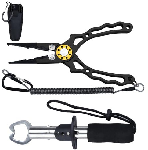 TMZDCJK 4-Piece Set Corrosion Saltwater Resistant Fishing Tools,Multi-Function Aluminum Fishing Plier with Innovative Ergonomical Handle,Fishing Gifts for Men(Black)