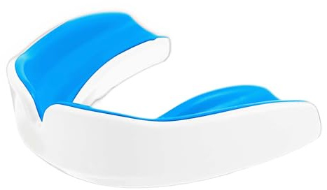 Enmo Maxilla Gel Gum Shield - Youth Under 10 Mouth Guard with Case for Rugby, Boxing, Hockey and Contact Sports - Mouthguard with Boil & Bite, Breathing Channel Tech, Dual Layer - Blue/White