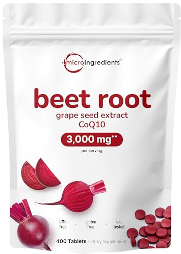 Micro Ingredients Beet Root 3,000mg with Grape Seed Extract & CoQ10, 400 Tablets | 200 Servings | Super Beets Supplements from Fresh Beetroot Extract