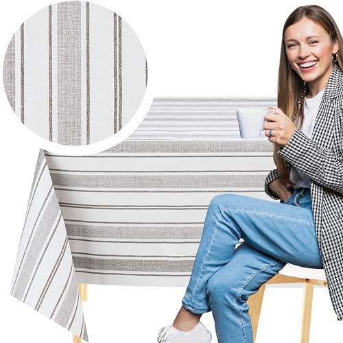 KP HOME Tovaglia In PVC Bianco E Grigio – Stampa A Righe Naturali – Quadrata 140x140cm – Copritavolo In Plastica Lavabile E Antigoccia, Per Interni Ed Esterni, Tovaglia Cerata In Vinile Effetto Lino
