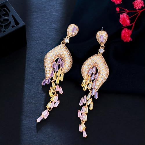 Orecchini Pendenti Lunghi con Nappine e Ciondolo in Argento Sterling 925 con zirconi Gialli Viola e Fidanzamento