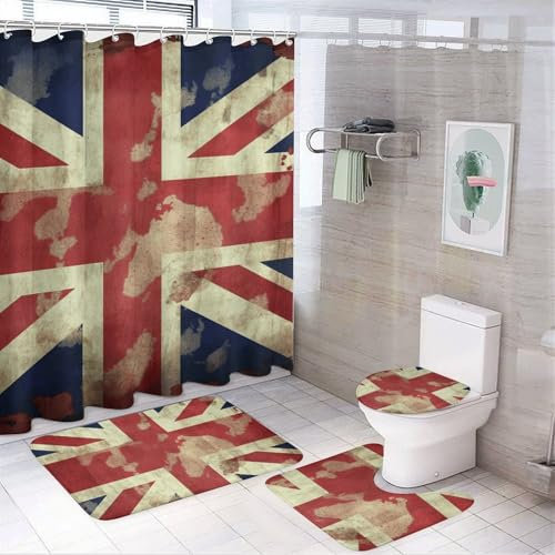 Vintage Union Jack Britische Flagge Duschvorhänge Set 4-teilig mit rutschfesten Teppichen, Toilettendeckel und Badematte Weicher Badezimmerteppich Wasserdichter Badezimmervorhang mit 12 Haken für