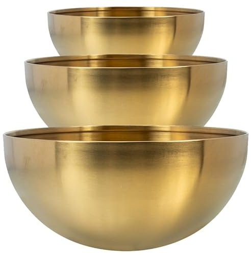VICASKY Ensaladera grande de acero inoxidable en elegante diseño dorado, juego de 3 unidades, perfecto para la cocina y servir ensaladas, sopas o pasta, elegante y funcional