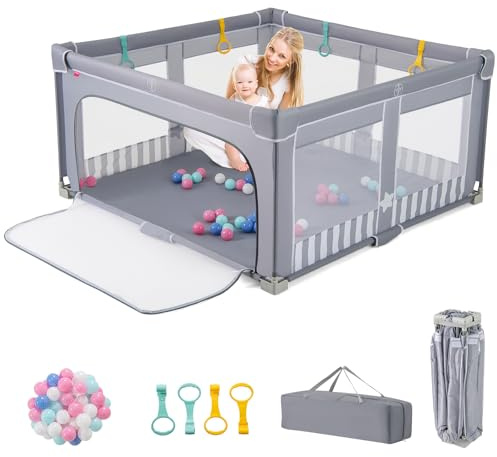 COSTWAY 150 x 150cm Laufstall Baby faltbar, Laufgitter mit 50 Bälle, 4 Griffe & Reißverschlusstor, Krabbelgitter mit atmungsaktivem Netz & Tragetasche, Kinderzaun für indoor und outdoor (Hellgrau)