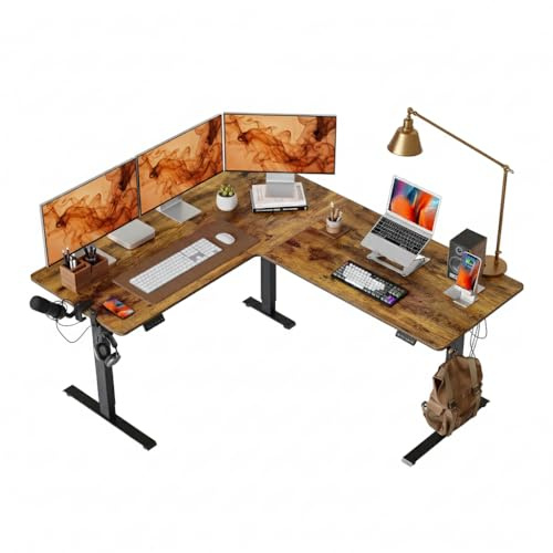 FEZIBO L Shaped Electric Standing Desk, 160 * 140 cm Adjustable Height Stand Up Table with Single Motor, for Home Office with Rustic Brown Top