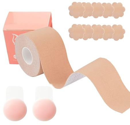 Ruban de Levage des Seins, Sein Adhesif Boob Tape 5m, avec 2 Cache Tetons Femme Réutilisables et 10 Forme du Pétale Autocollants Mammaires